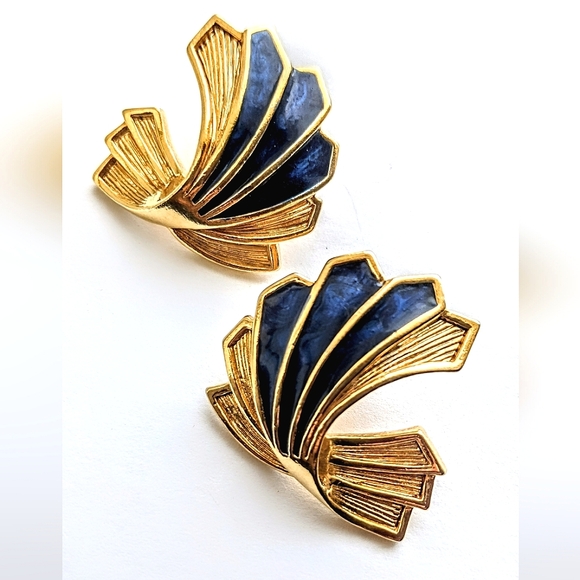 Vintage Jewelry - Vintage 80s Art Deco Swirl Fan Earrings Navy Blue Gold Enamel Pierced